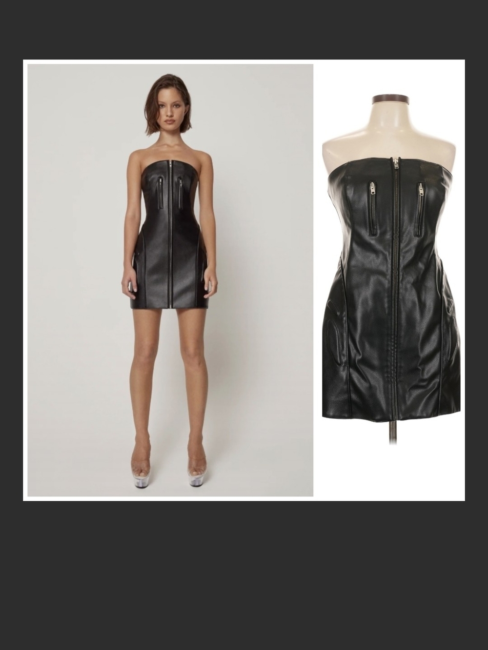 KHY By Kylie Jenner Strapless Black Faux Leather Mini Dress with Front Zippers